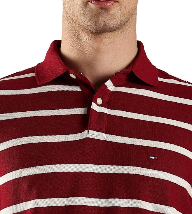 Tommy Hilfiger Burgundy Cotton Regular Fit Striped Polo T-Shirt