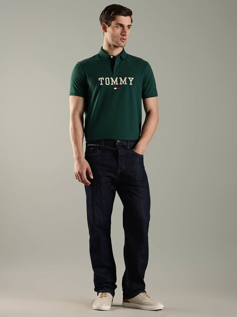 Tommy Hilfiger Tommy Hilfiger Dark Green Cotton Regular Fit Logo Printed Polo
