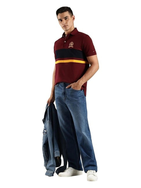 Tommy Hilfiger Red Cotton Regular Fit Striped Polo