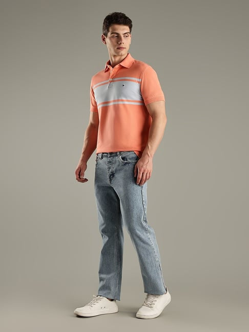 Tommy Hilfiger Peach Striped Slim Fit Cotton Polo