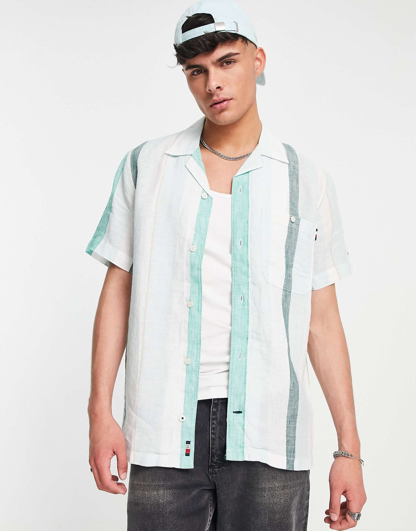 Tommy Hilfiger icon logo linen bold stripe short sleeve shirt