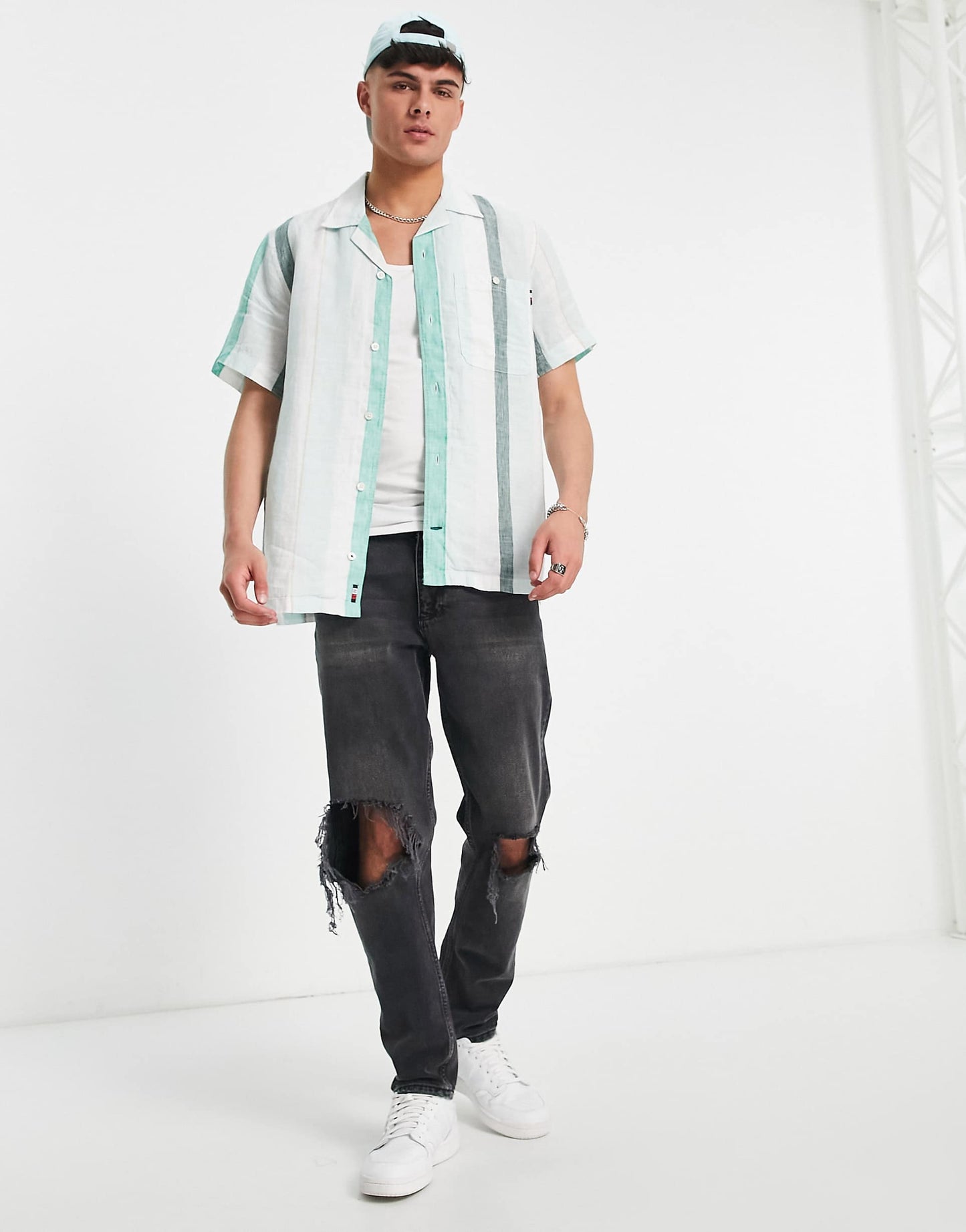 Tommy Hilfiger icon logo linen bold stripe short sleeve shirt in green