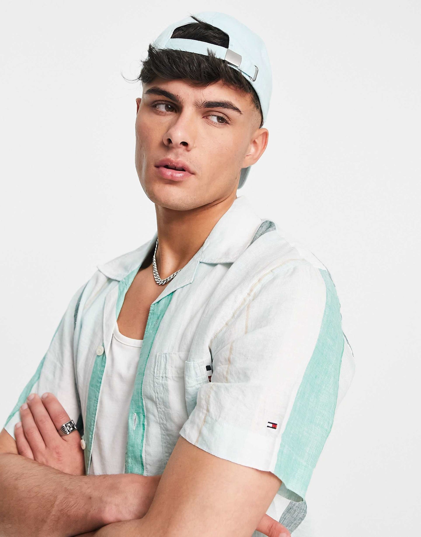 Tommy Hilfiger icon logo linen bold stripe short sleeve shirt