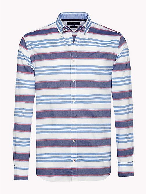 Tommy Hilfiger Mens White/Blue/Red Long Sleeve Button-Up Striped Shirt