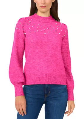 CeCe- Petite Mock Neck With Pearls Sweater