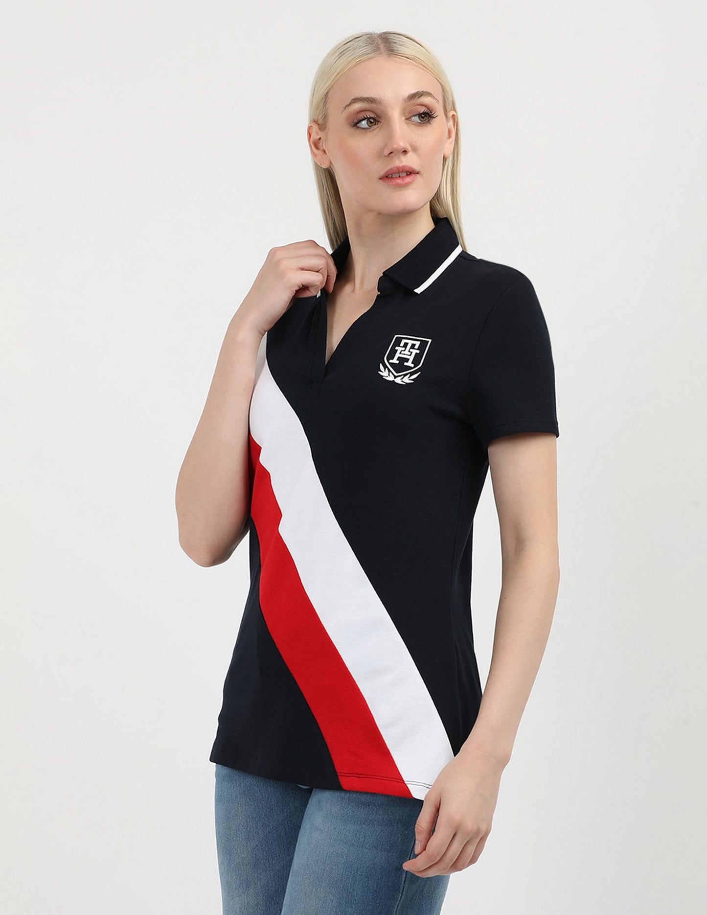 Camiseta de algodón con cuello Polo y bloques de color para mujer- Tommy Hilfiger