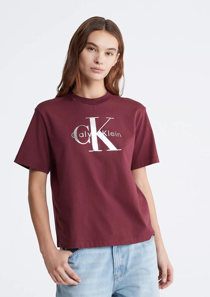 CALVIN KLEIN- Metallic Monogram Logo Boxy Crewneck T-Shirt