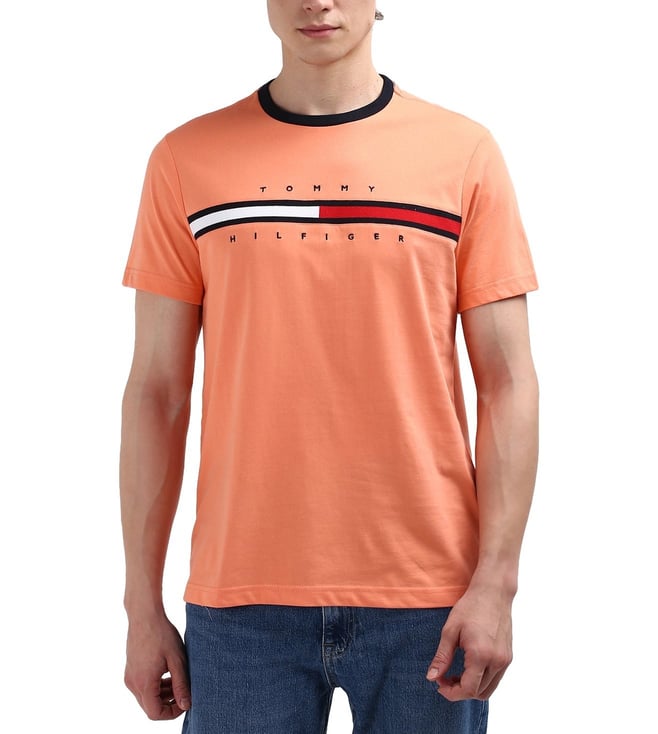 Tommy Hilfiger Peach Solid Cotton Men T-Shirt