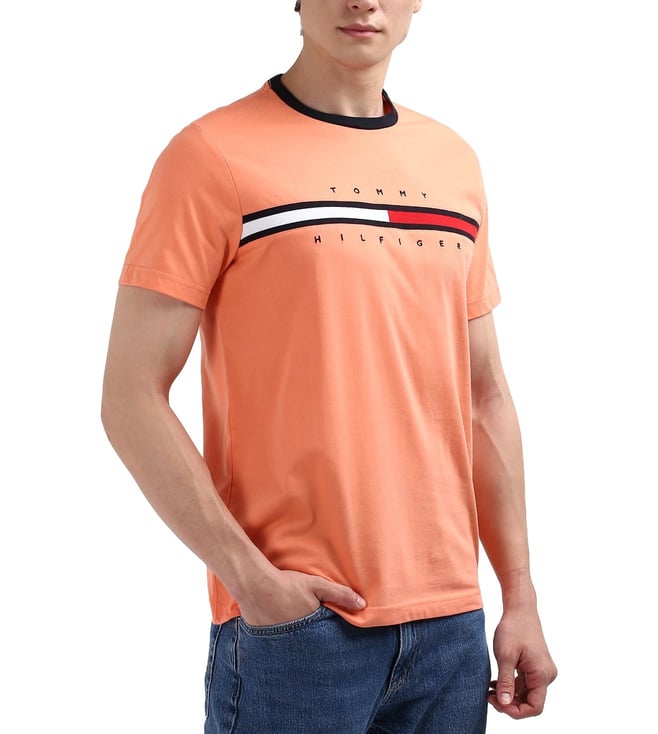 Tommy Hilfiger Peach Solid Cotton Men T-Shirt
