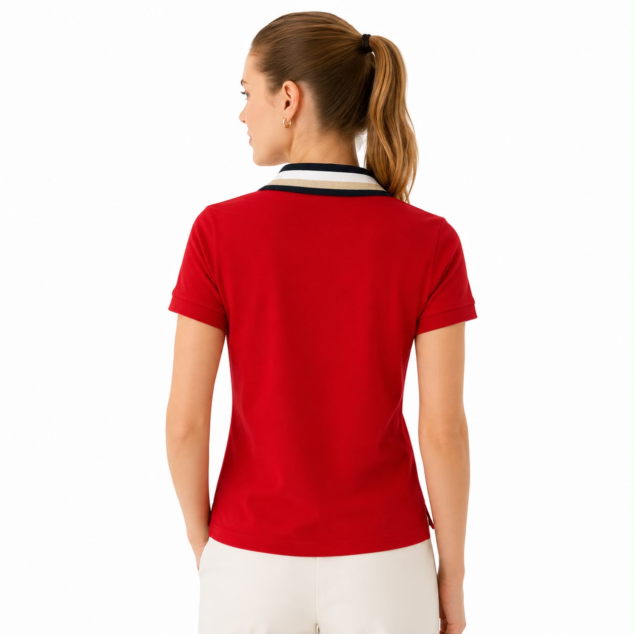 Tommy Hilfiger women's polo shirt stands out for its vibrant red color