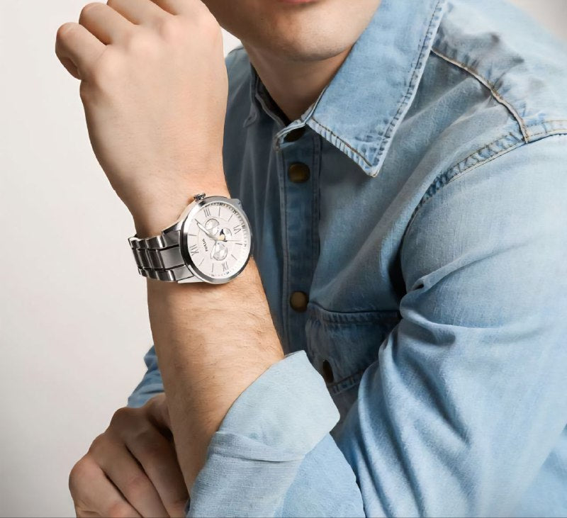 Fossil Flynn Mens Multifunction Watch White Dial Day Date Moon Sun Silver Steel