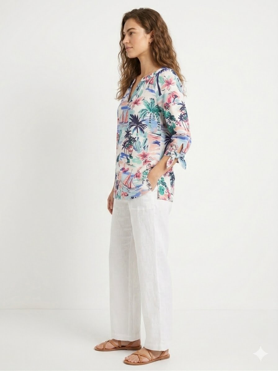 JONES NEW YORK-Printed blouse in linen and viscose blend with split collar