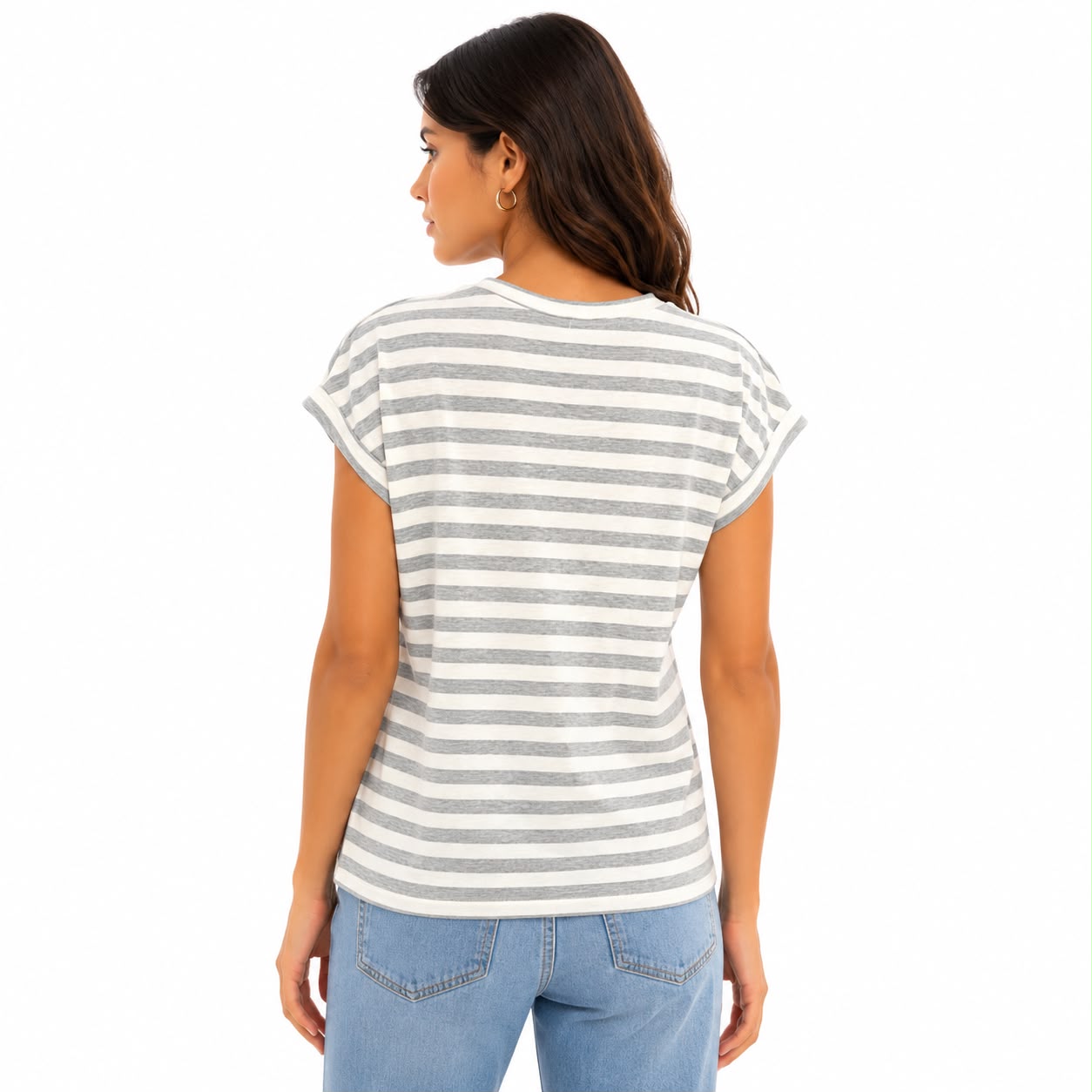 Notations brand t-shirt features a gray and white horizontal striped design