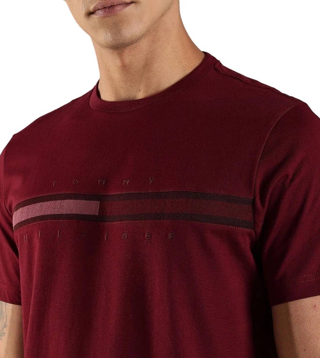 Tommy Hilfiger Burgundy Cotton Regular Fit Logo Printed T-Shirt