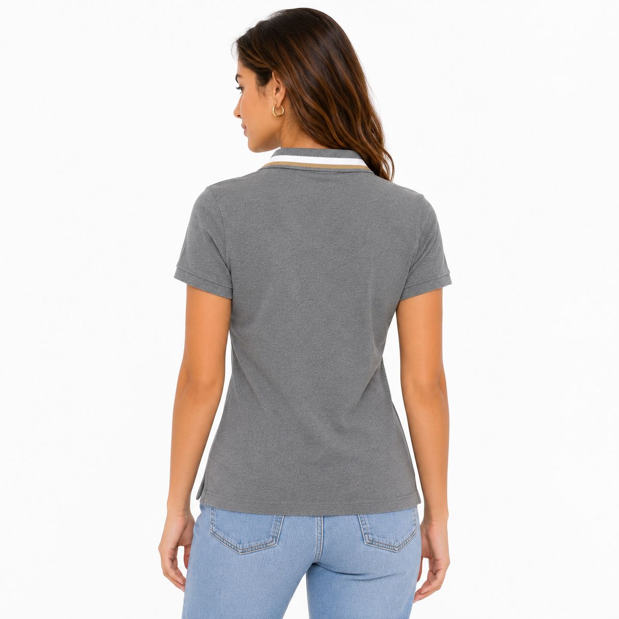 Us Polo Assn Women's gray polo shirt With white and gold striped collar
