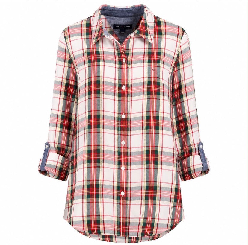 Tommy Hilfiger Women's Roll-Tab Tinsel Tartan Shirt