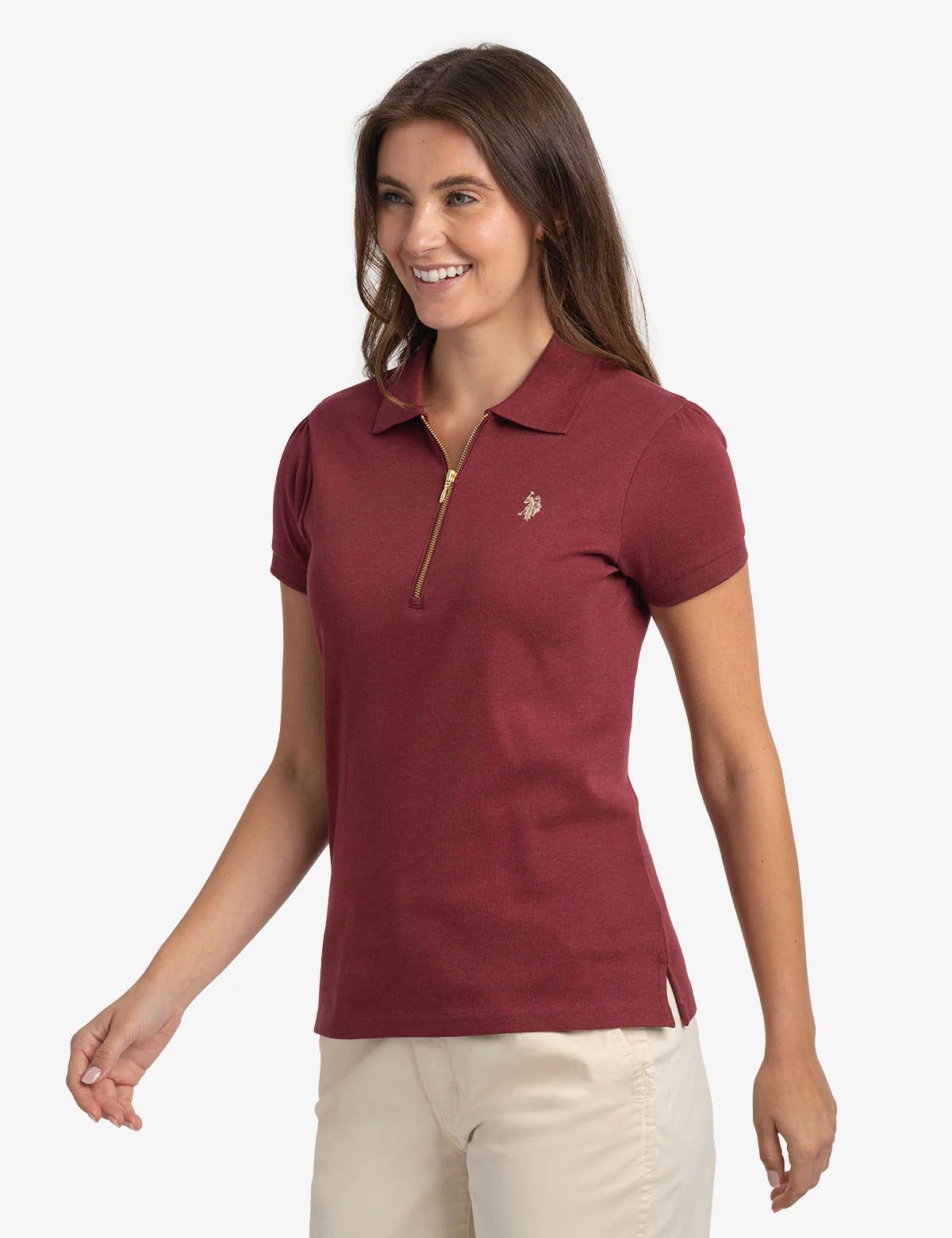 U.S polo Ass Zipper V Neck casual Ruffle Short sleeve Women’s