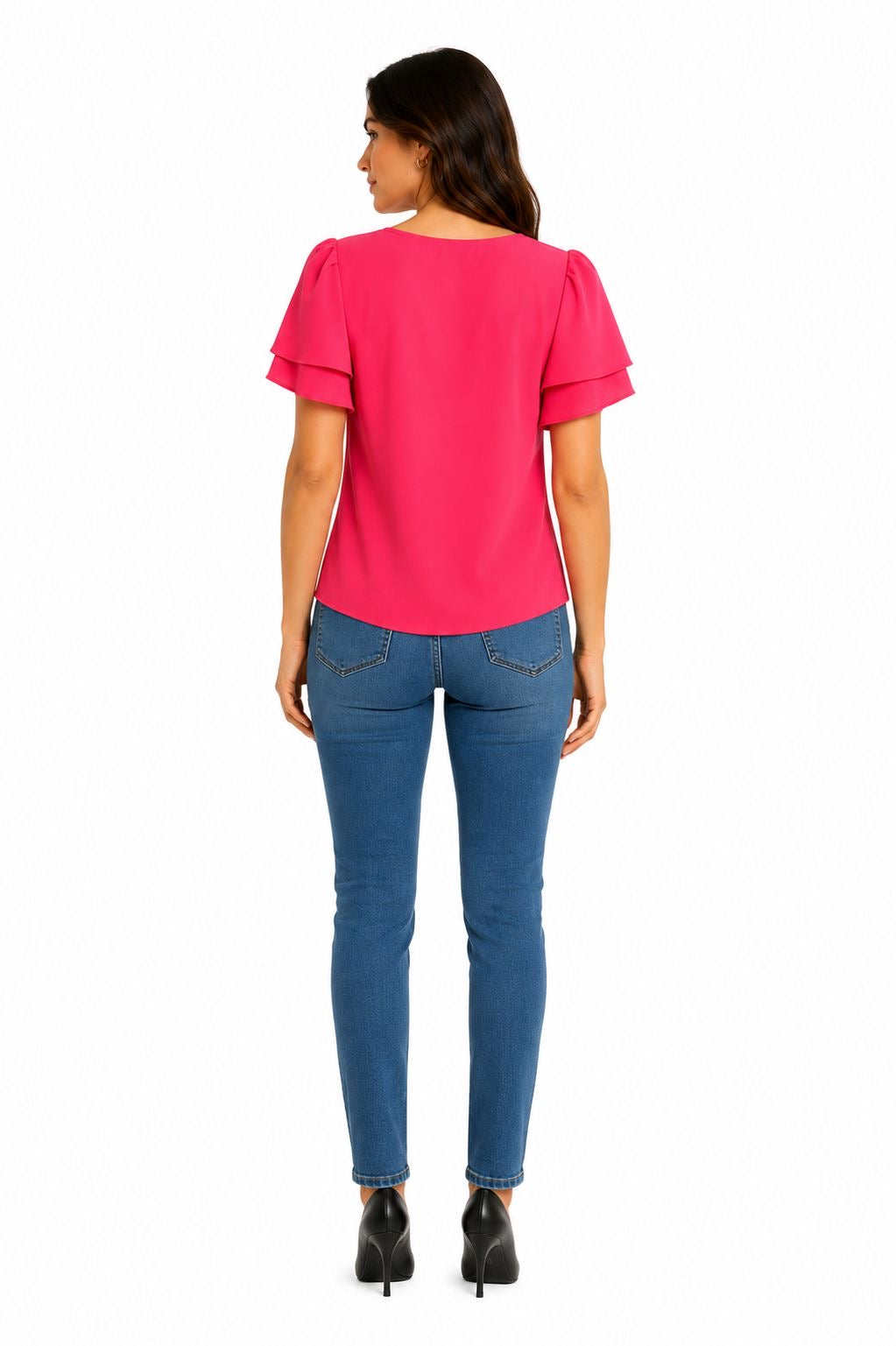 CALVIN KLEIN-Round neck blouse and puffy short sleeves (gola or petal type)