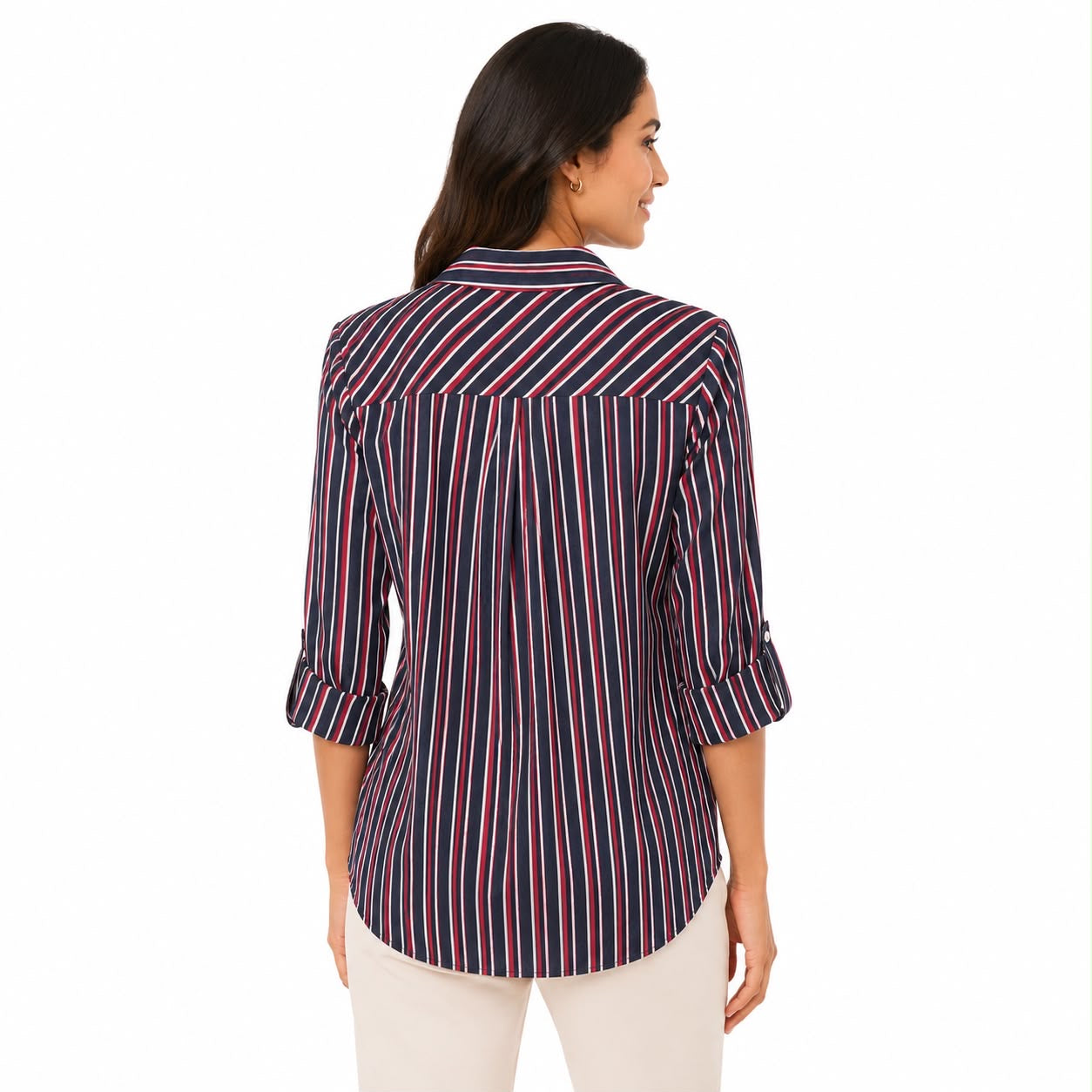 Tommy Hilfiger blouse with red, white and blue stripes has a zipper closure at the collar