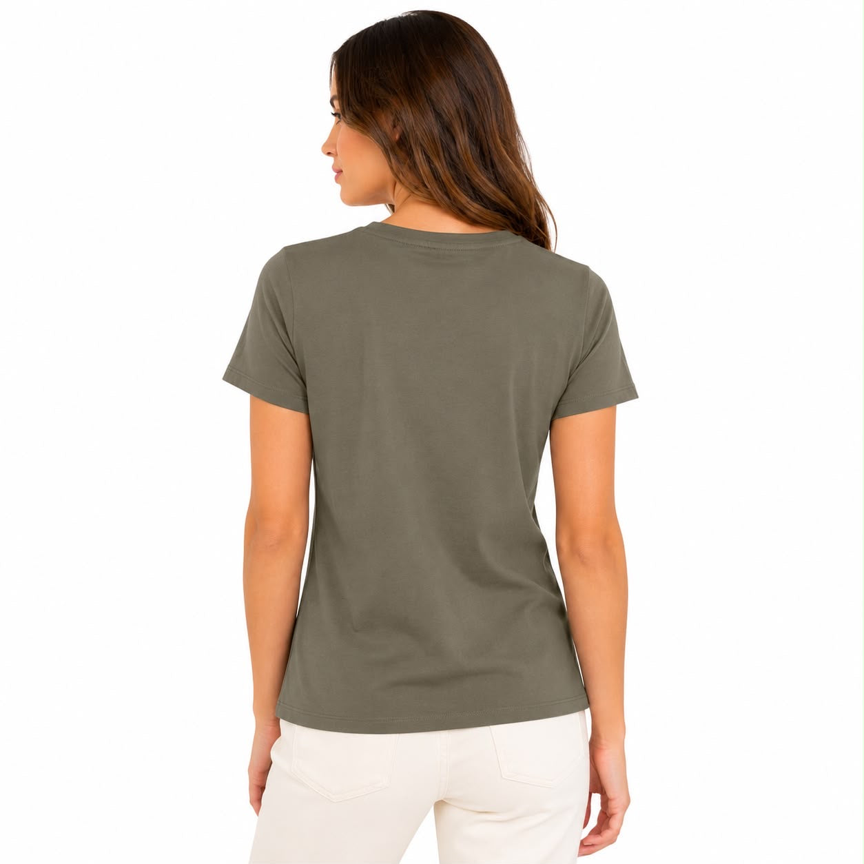 Calvin Klein olive green t-shirt presents a classic V-neck design Women’s