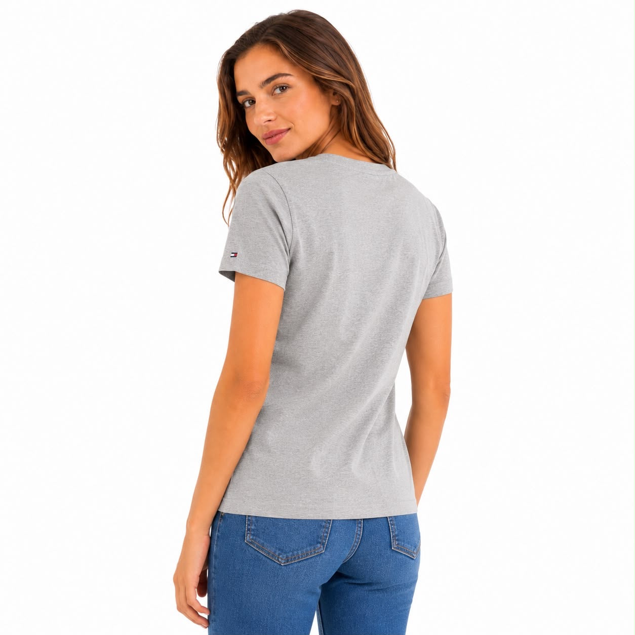 Tommy Hilfiger gray t-shirt features a pink embossed embroidered front logo