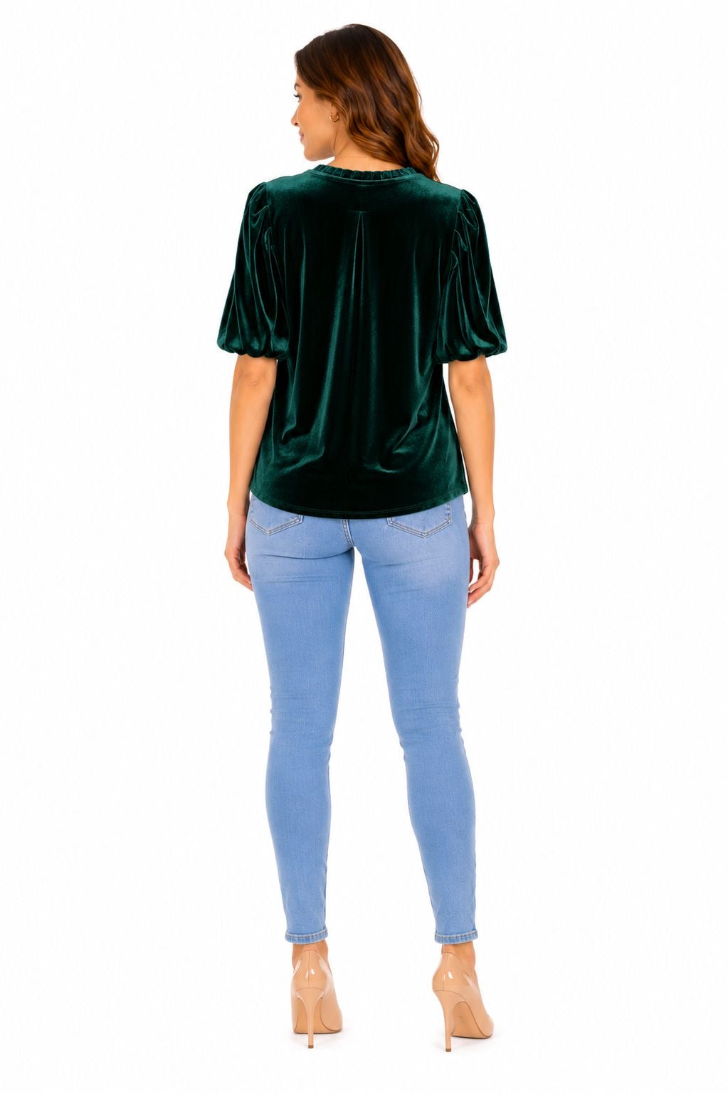 CeCe brand velvet blouse in an elegant emerald green tone