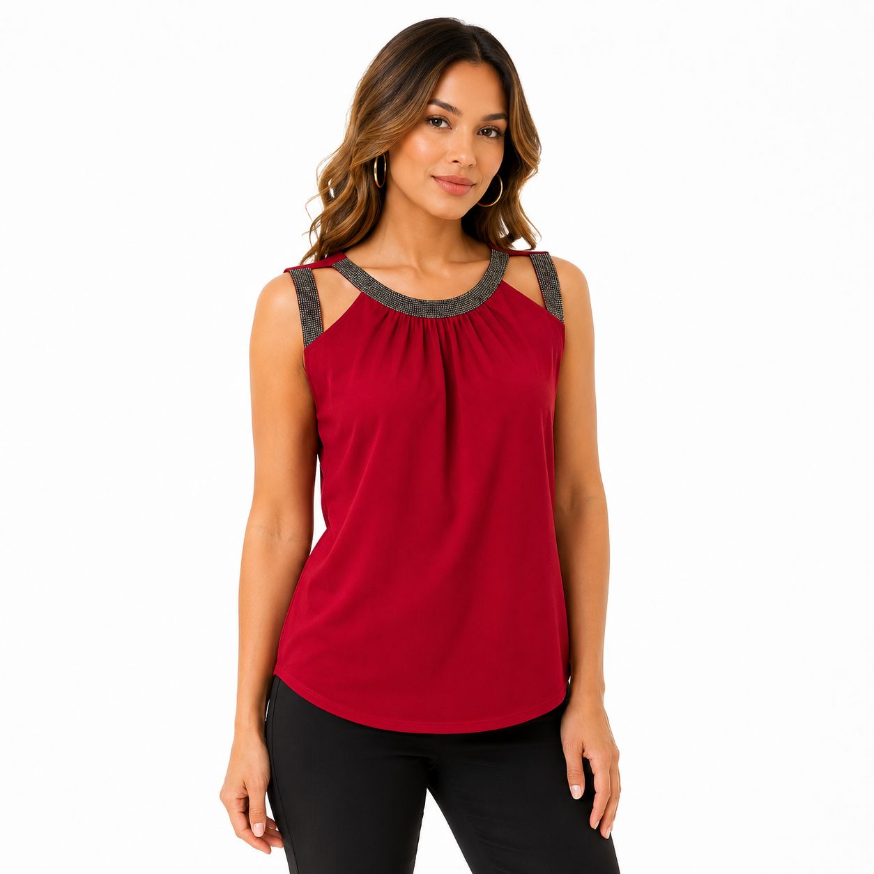 PerSeption-Red cold shoulder blouse