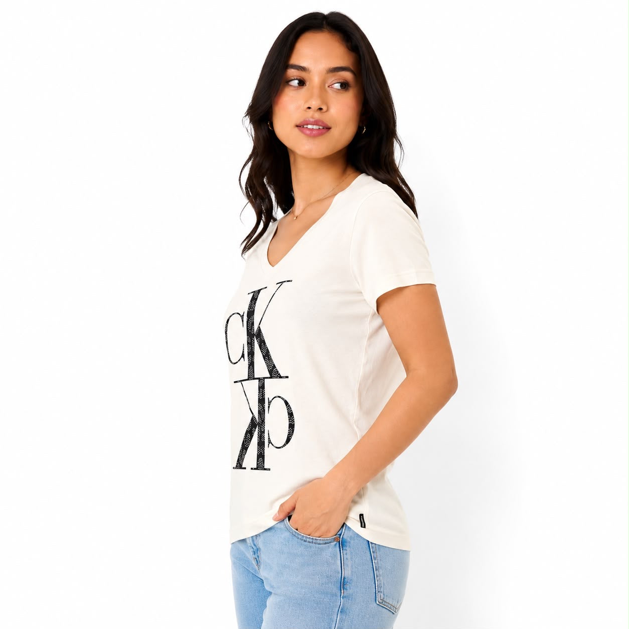 Calvin Klein Women's Studded Animal Mirror Monogram Logo V-Neck TShirt