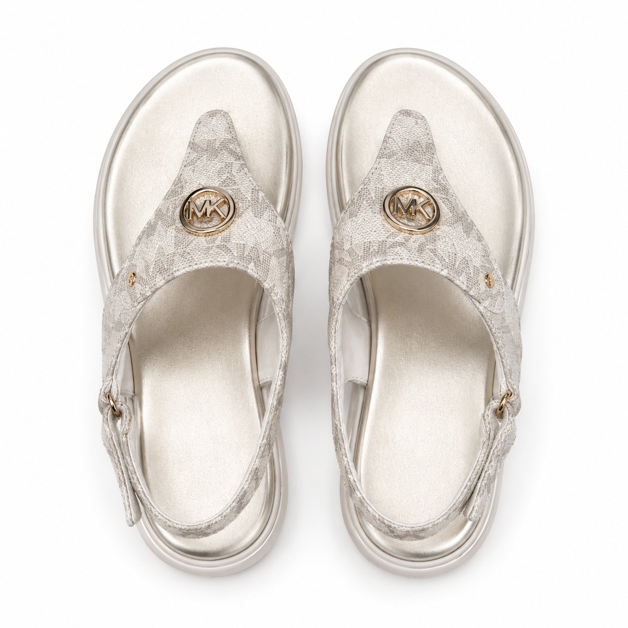 Michael Kors sandals model Val with logo print and golden metal plate.
