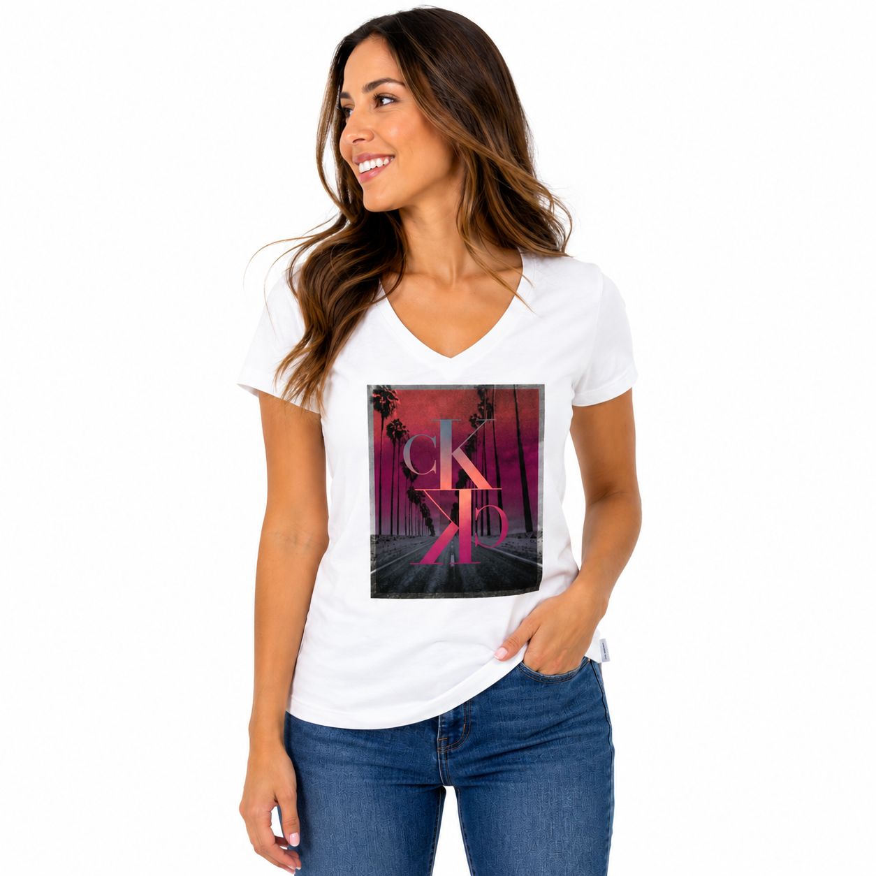 Calvin Klein Women's Palm Sunset V-Neck T-Shirt