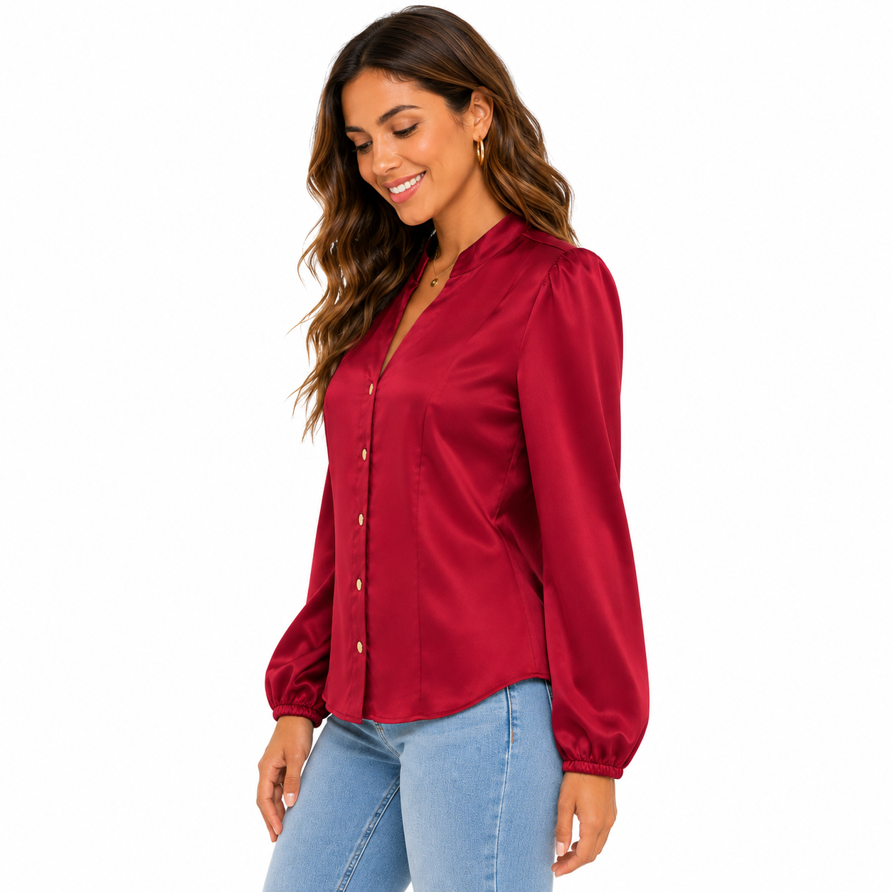 Anne Klein brand satin blouse stands out for its vibrant red color