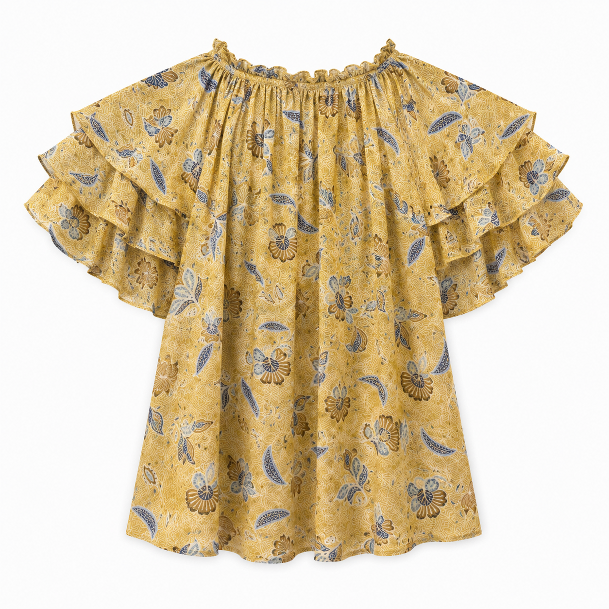 Joie blouse yellow with floral print, gathered collar with bows