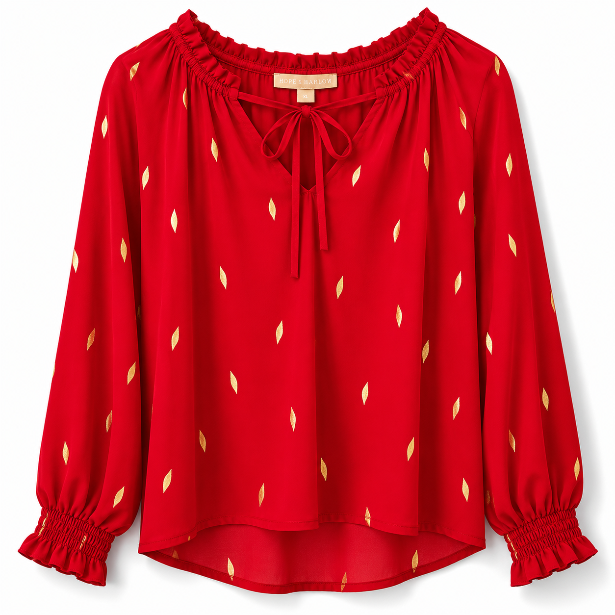 Hope & Harlow Red long-sleeved blouse with V-neck and gold details