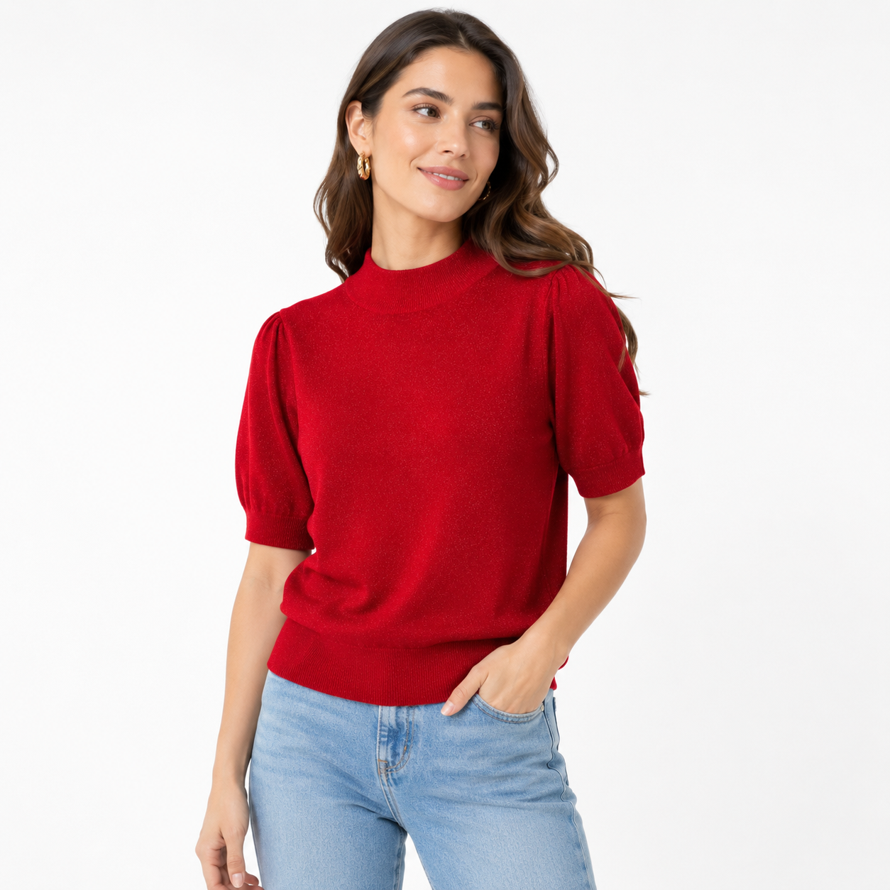Michael Kors red knitted sweater with glitter and puffy short sleeves