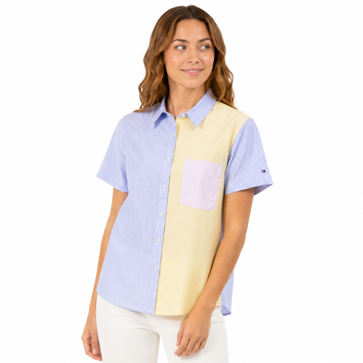 Tommy Hilfiger blouse with a classic cut with a striped design and color blocks.