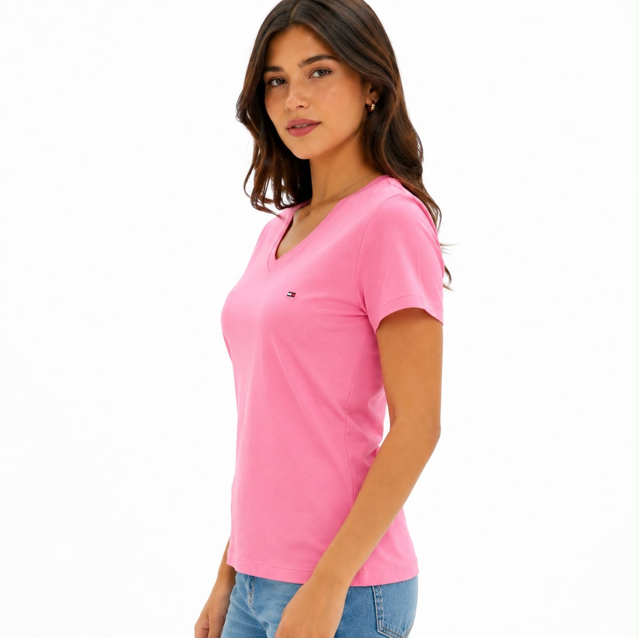 Tommy Hilfiger Short Sleeve Tops-Cotton Shirts for Women with V-Neckline and Logo Detail