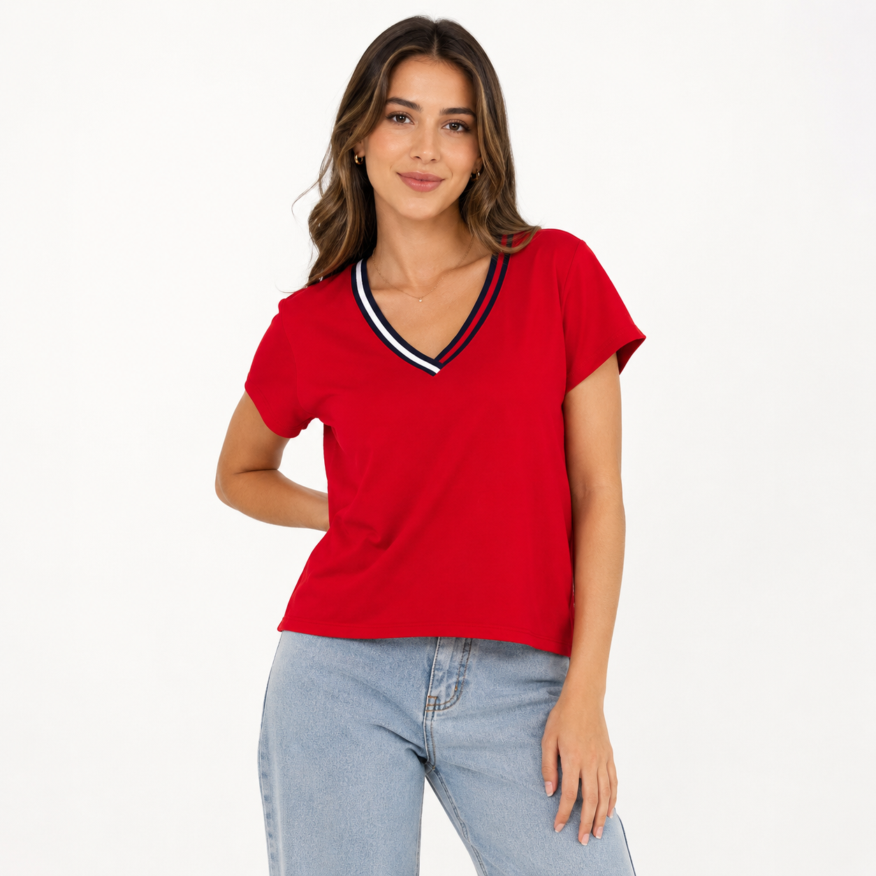Tommy Hilfiger Women Red V-Neck Cotton T-Shirt