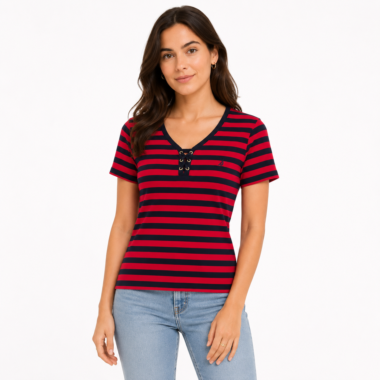 Nautica women's t-shirt features a red and navy blue striped design