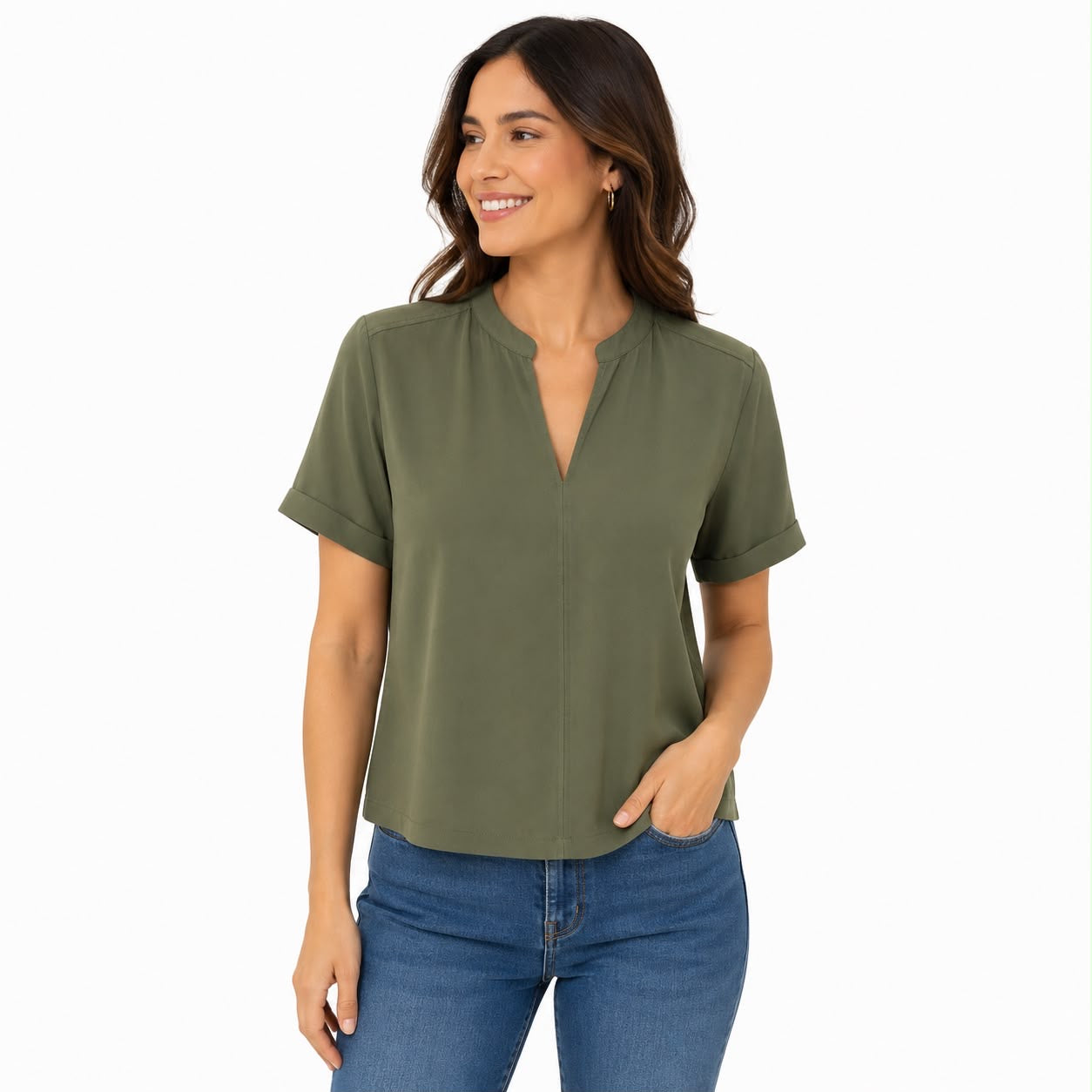 Premise olive green blouse features an elegant design with split V-neck