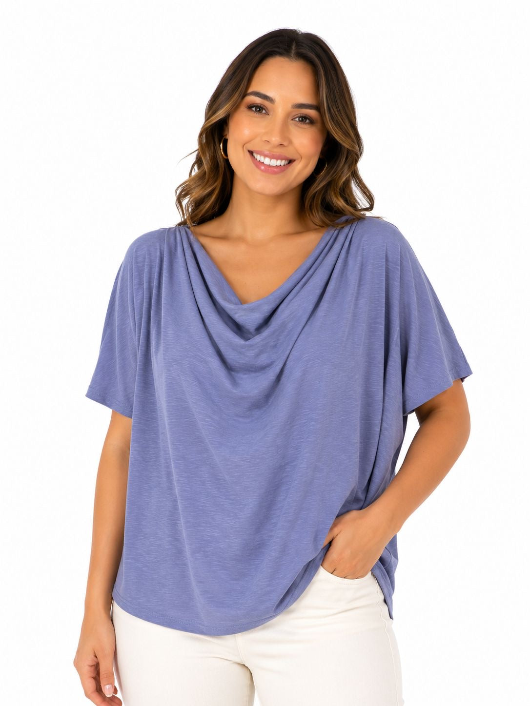 GREEN ENVELOPE-Short-sleeved blouse with draped collar (or overturned)