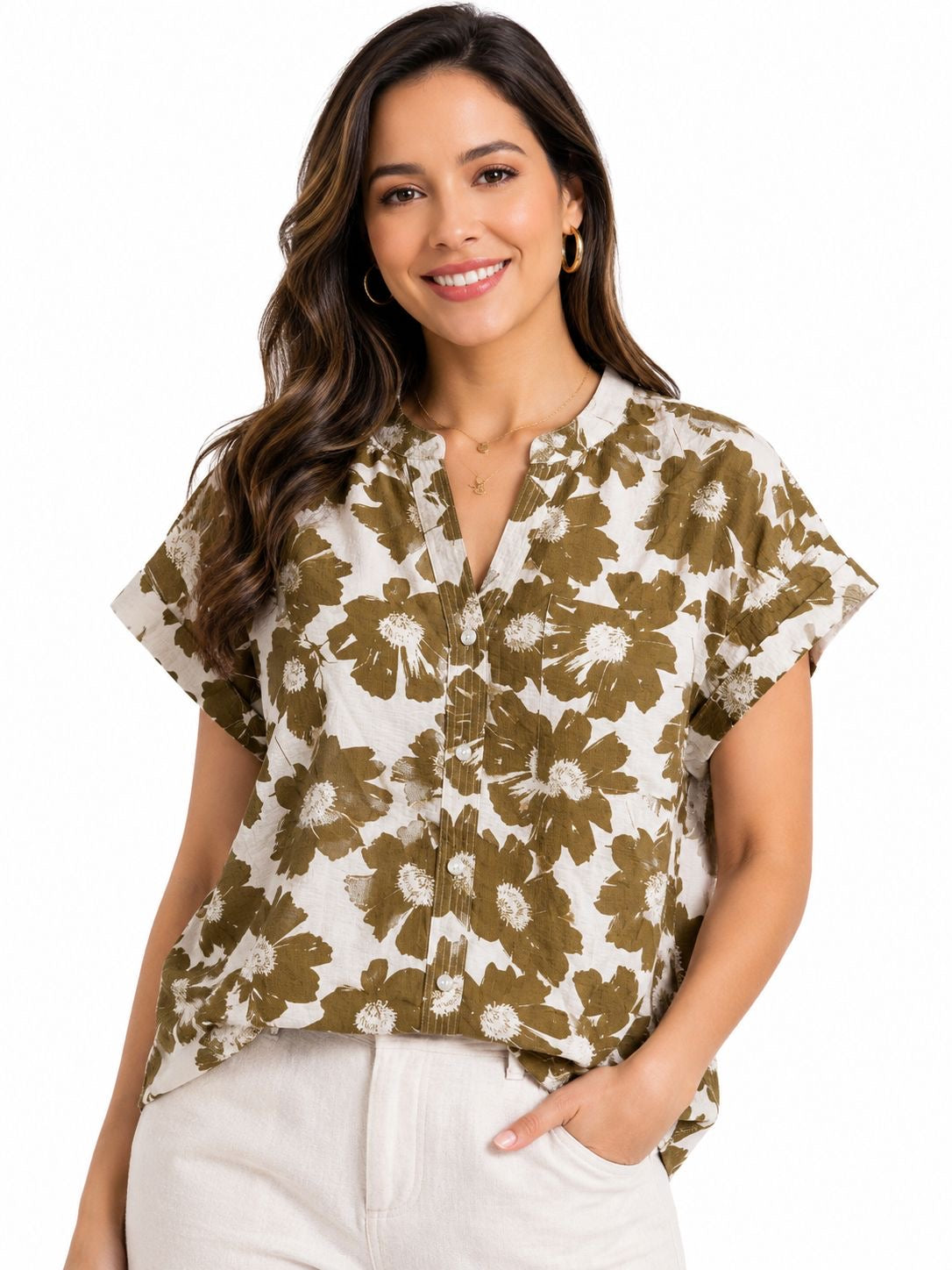 COMO BLU-Button blouse for women with floral print in olive green tones,