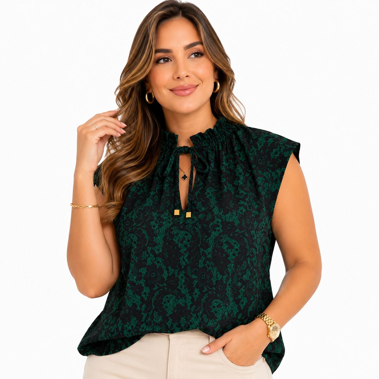 Michael Kors sleeveless blouse in dark emerald green with a lace print