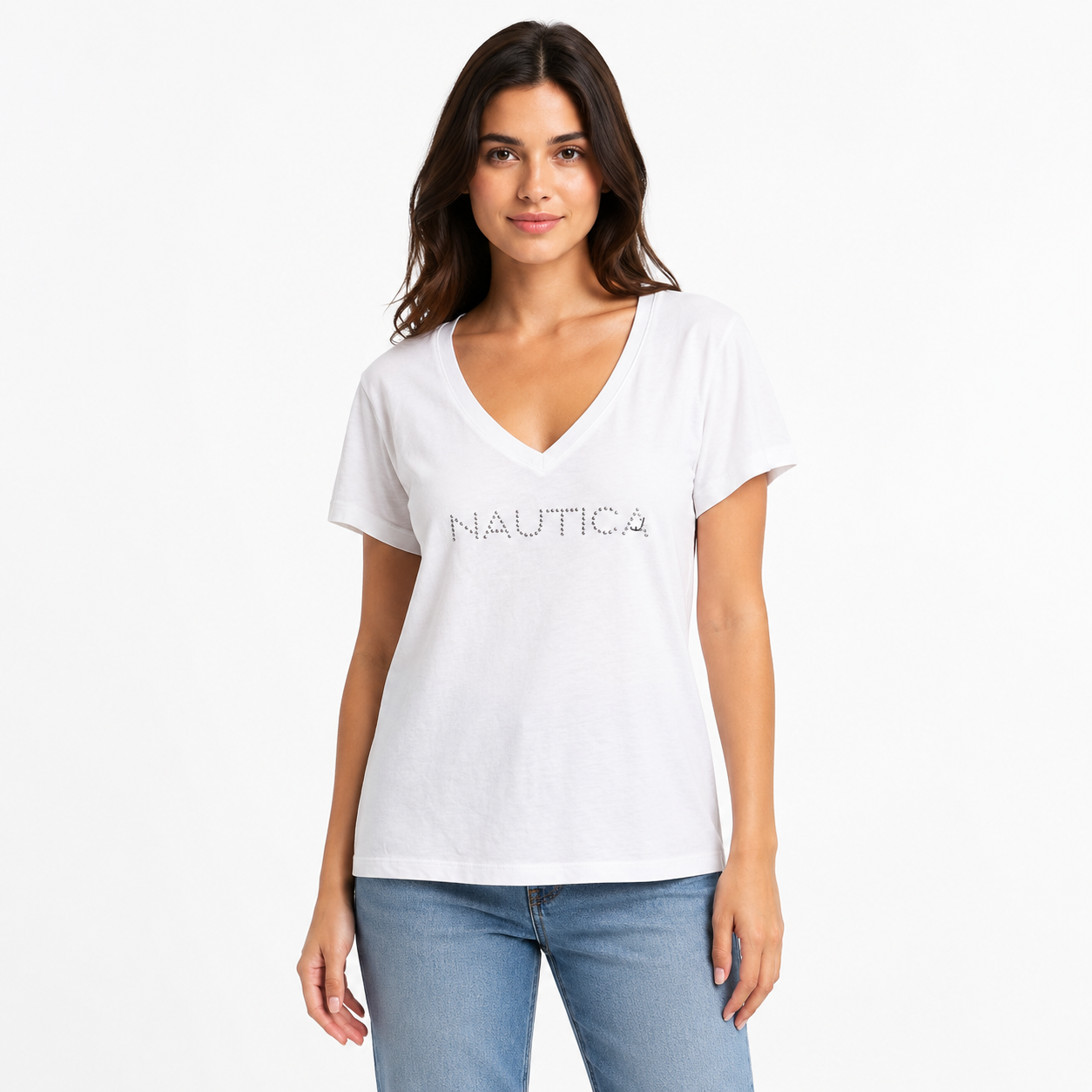 NAUTICA- Studded Logo V- Neck T-Shirt