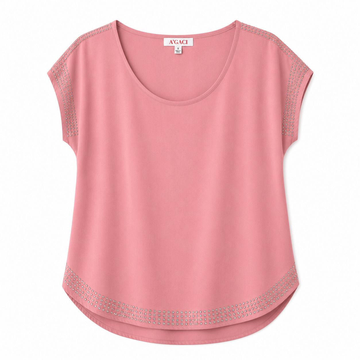 A'Gaci's pink blouse features subtle rhinestone details Women’s