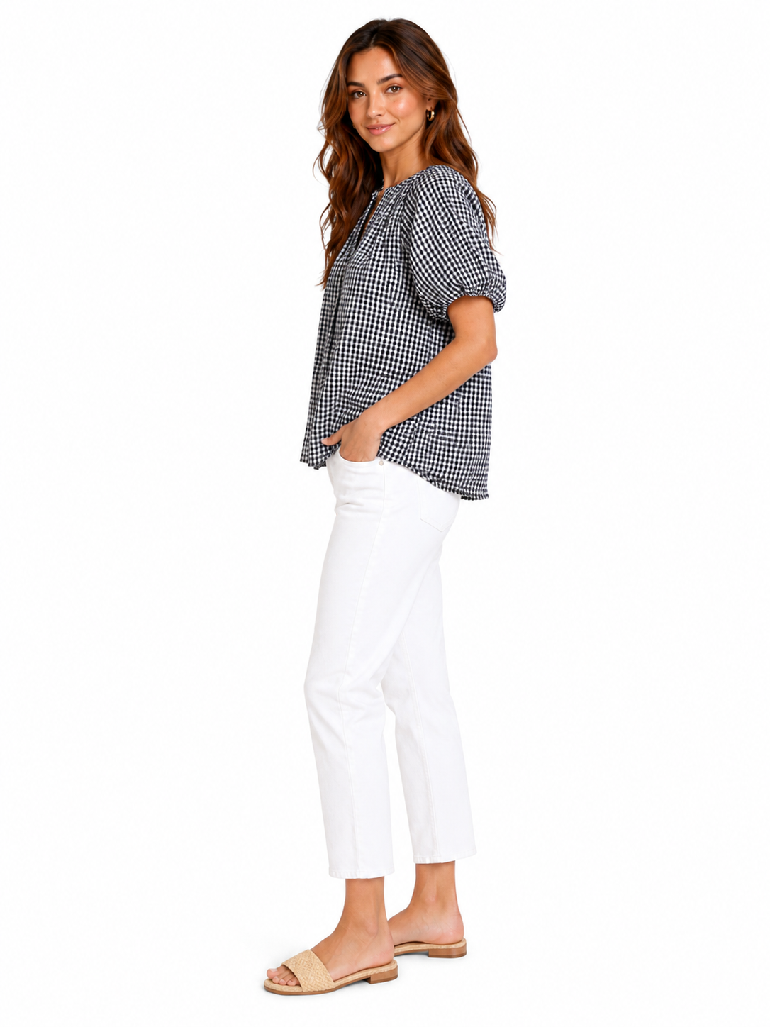 MAX STUDIO-Wide collar blouse and bulging sleeves in black and white vichy (gingham) check print