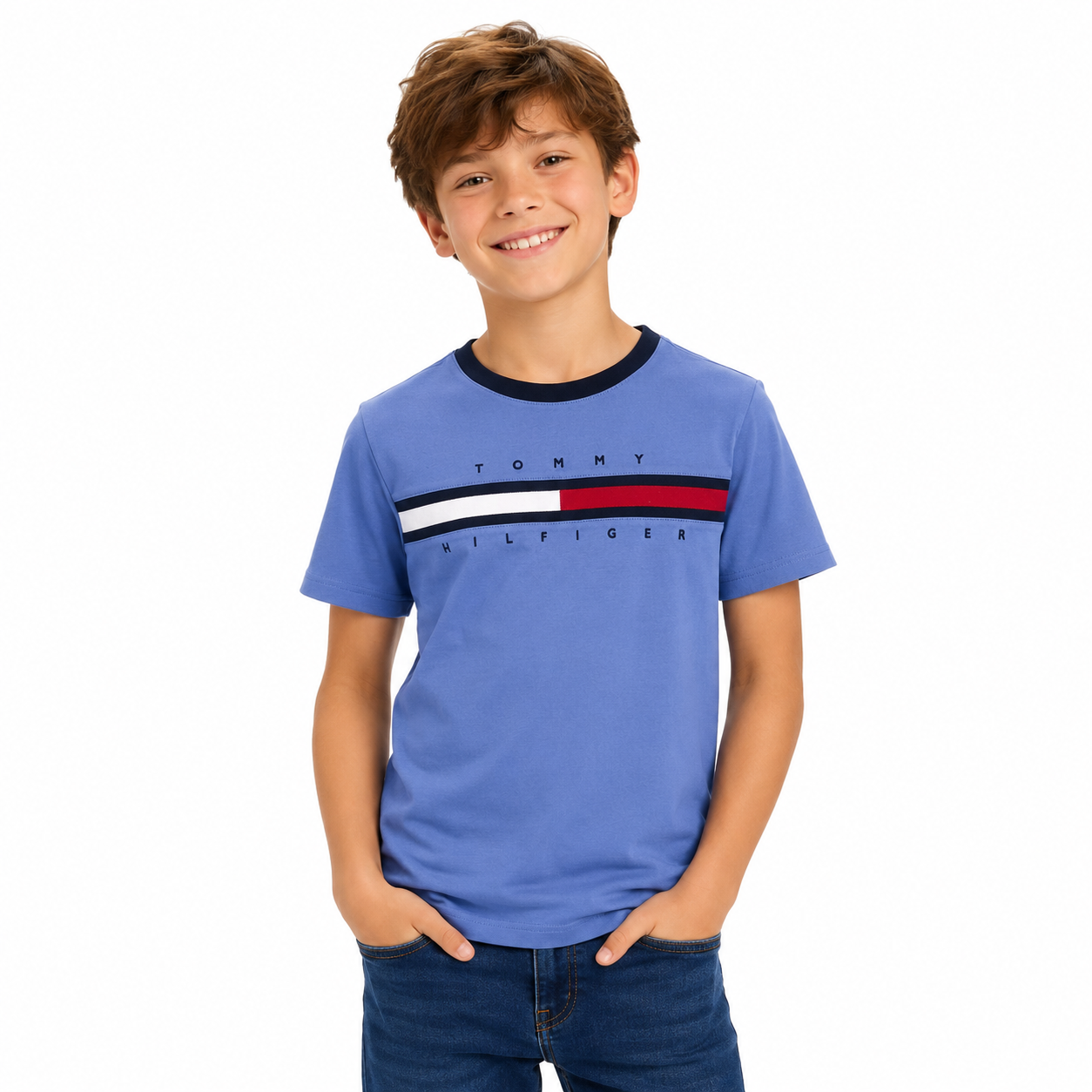 Tommy Hilfiger-Camiseta infantil con logotipo de rayas y bandera