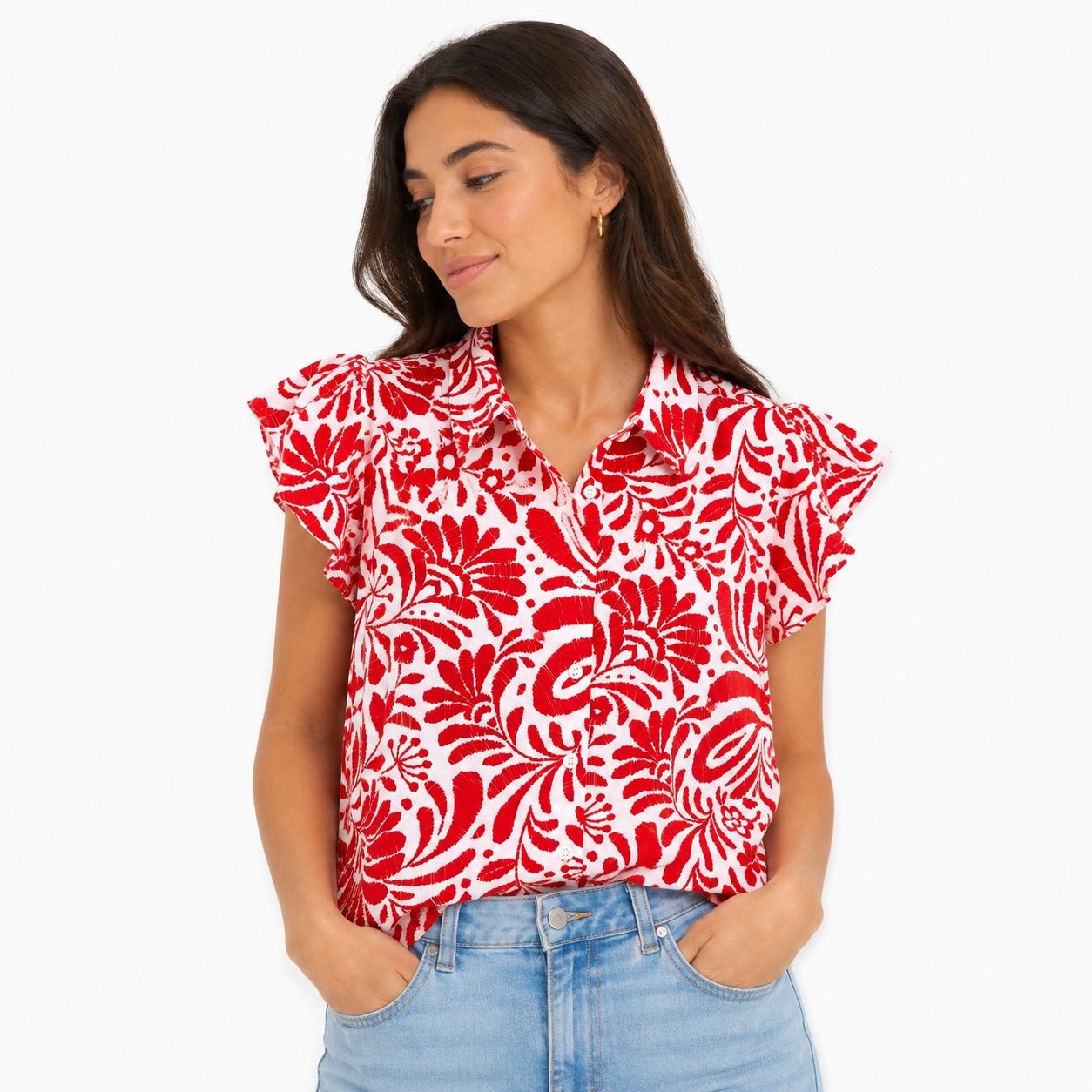 Fred David short-sleeved blouse with a floral botanical print in red and white