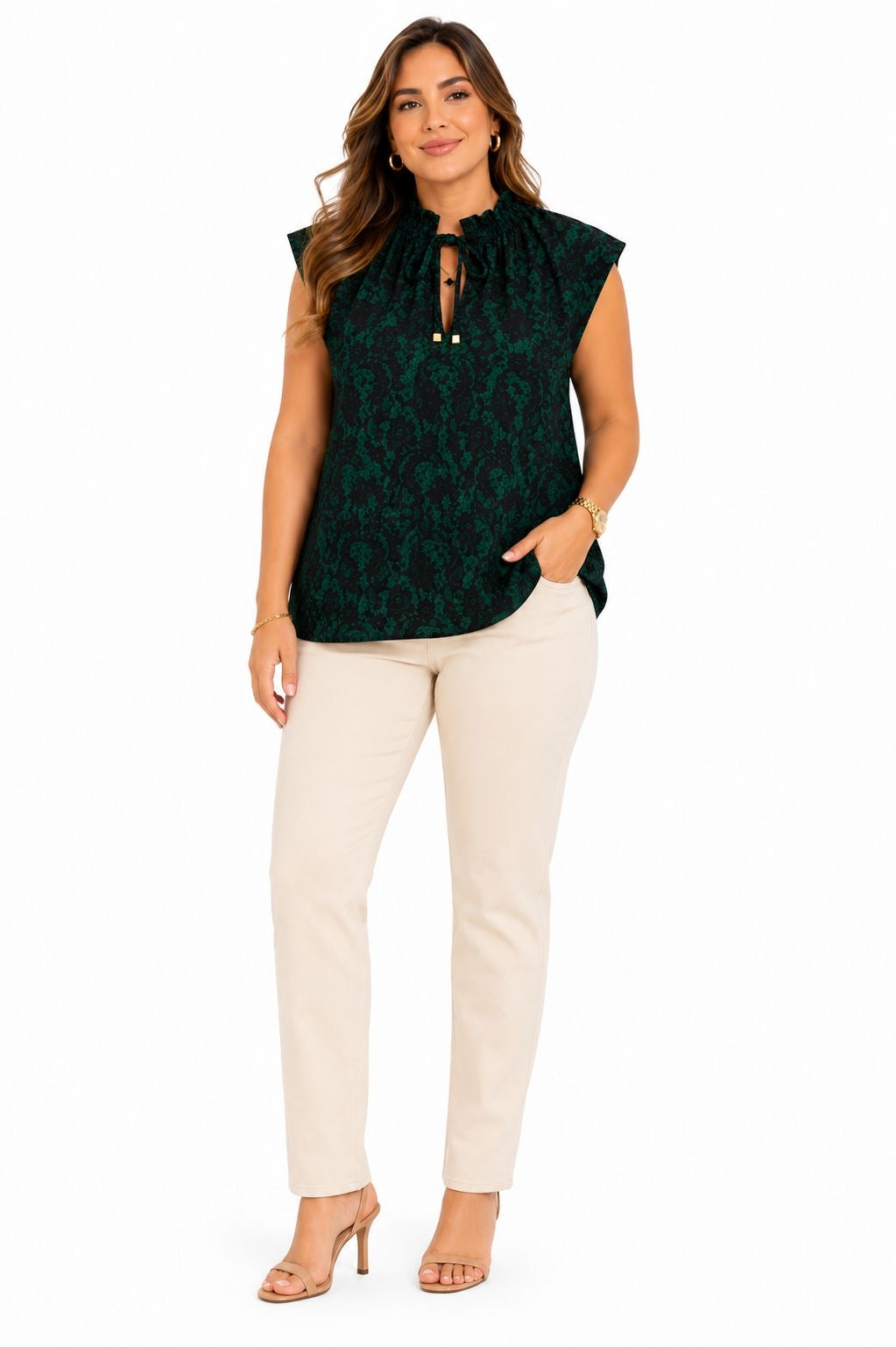 Michael Kors sleeveless blouse in dark emerald green with a lace print