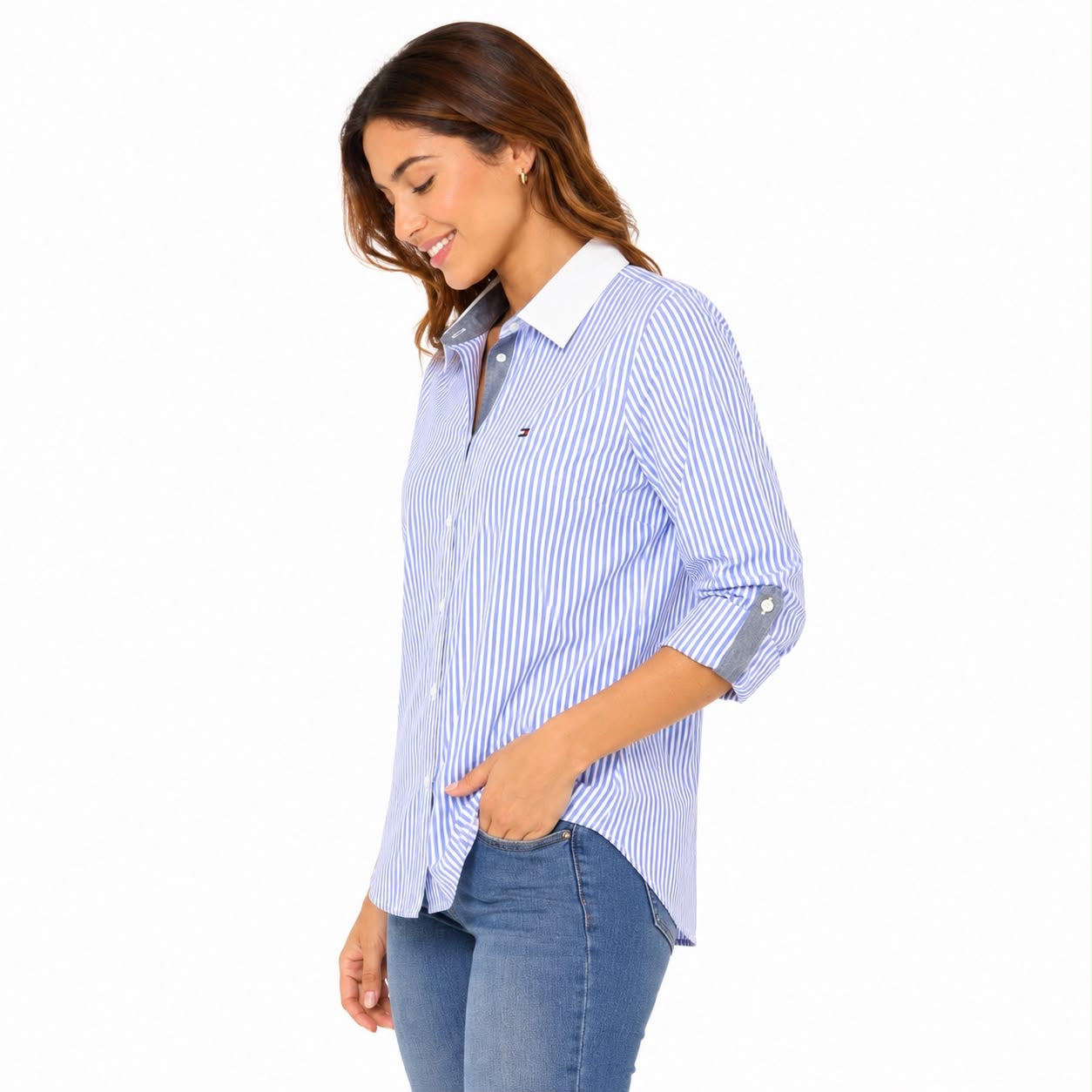 Tommy Hilfiger shirt features a white and blue striped design