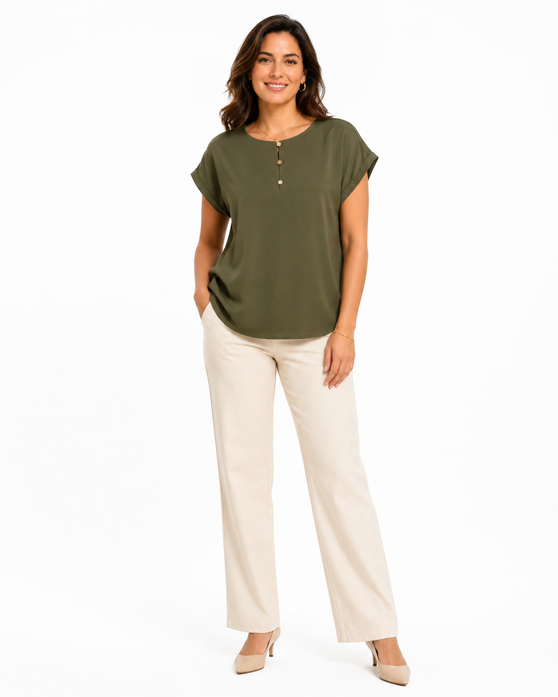 ANNE KLEIN-Short-sleeved blouse in olive green from the Anne Klein brand